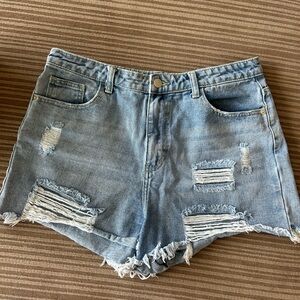 Distressed denim shorts